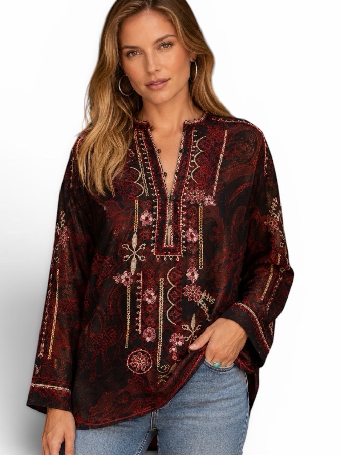 Johnny Was Biya Heavily Embroidered Bellina Silk Tunic Nwt